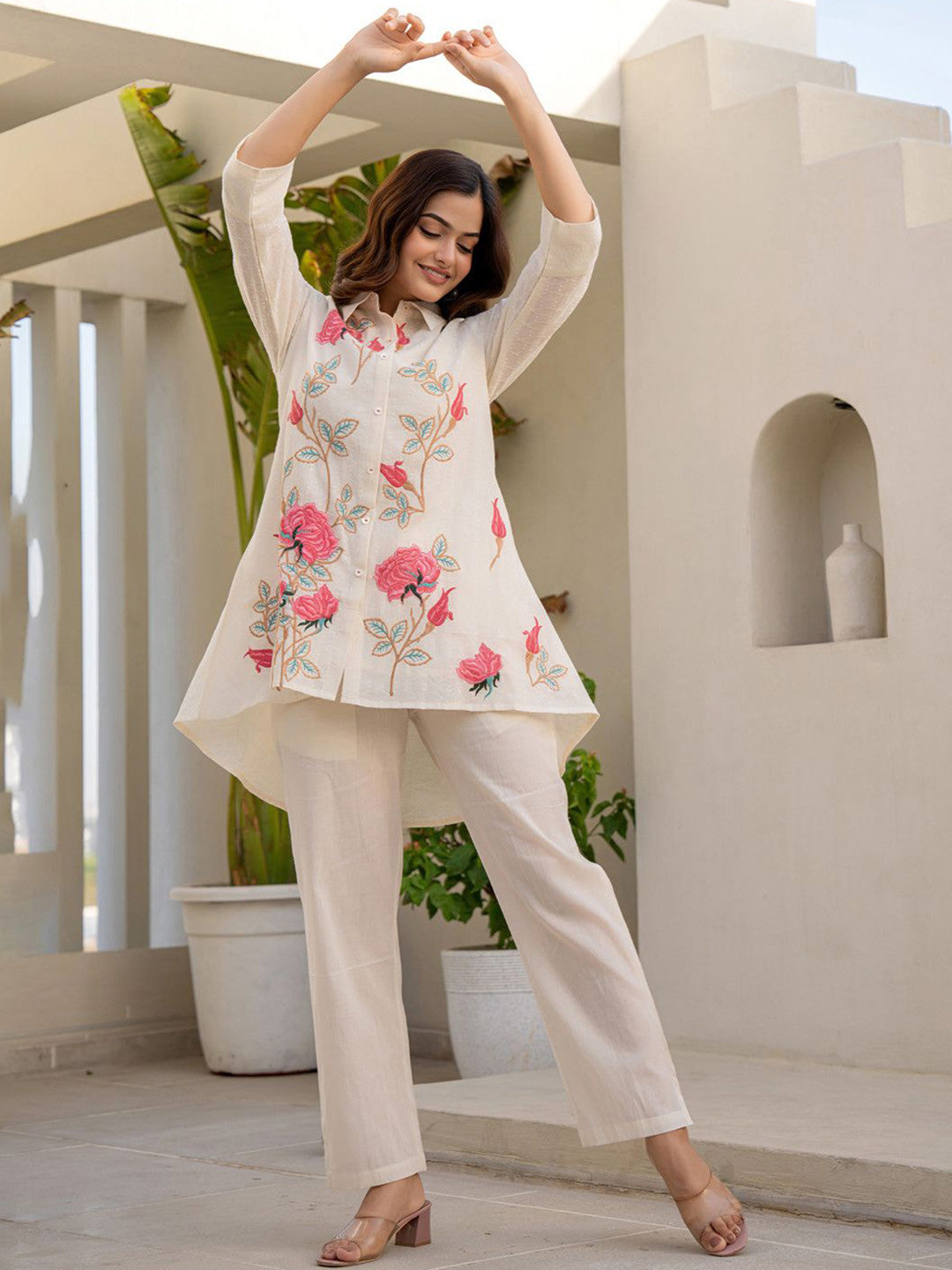 Floral Embroidered Thread Work Pure Cotton A-Line Kurta With Trousers