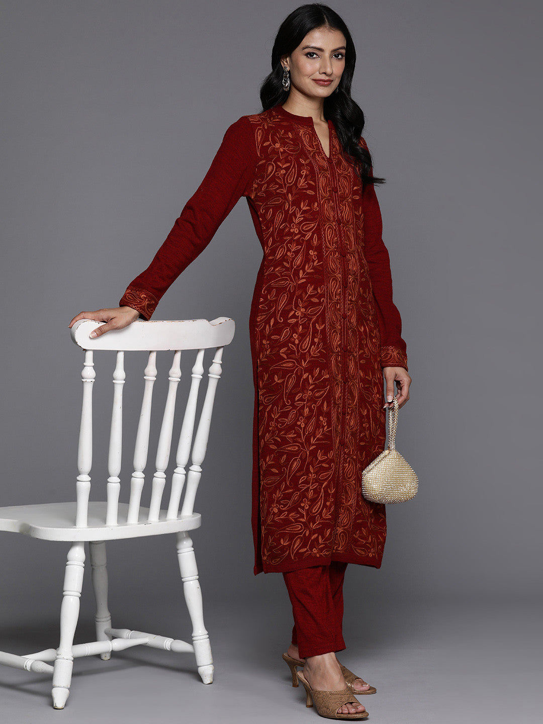 Women Floral Embroidered Regular Thread Work Pure Wool Kurta with Trousers
