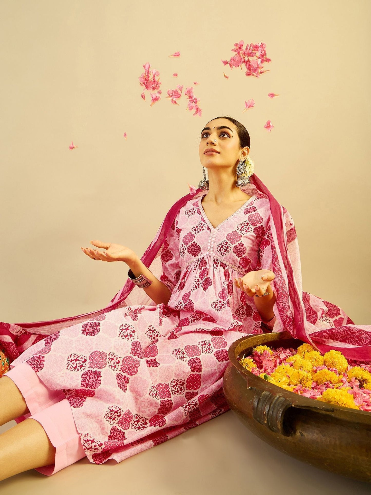 Dhiyona IE Ethnic Motifs Printed Mirror Work Pure Cotton Kurta with Trouser And Dupatta