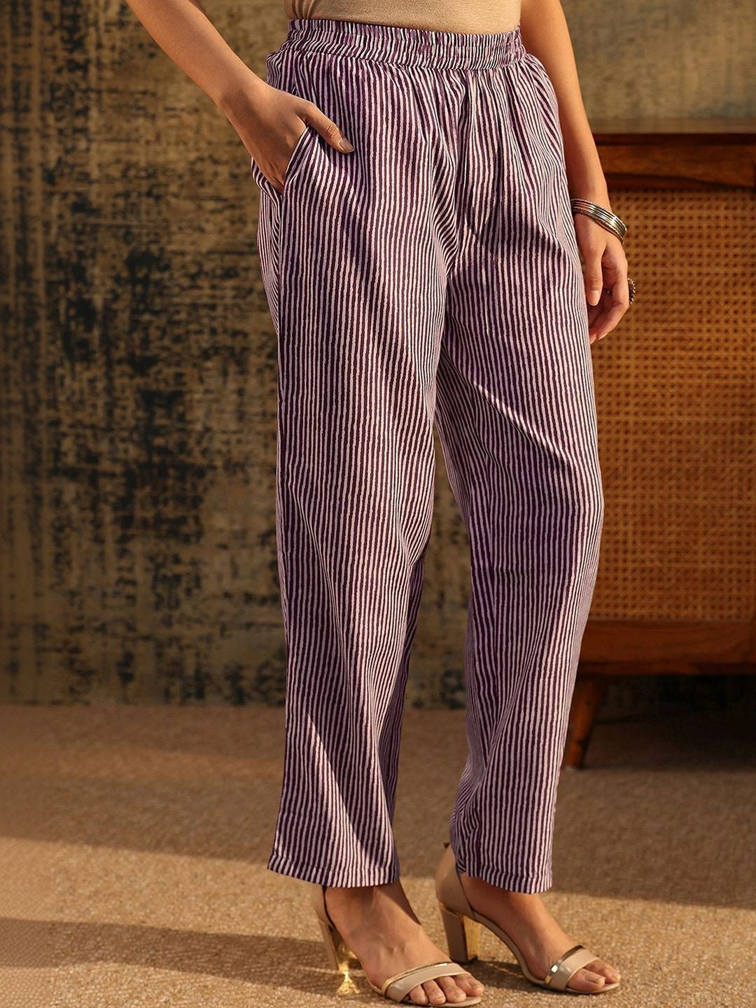 Burgundy Floral Printed Cotton Blend Straight Suit Set
