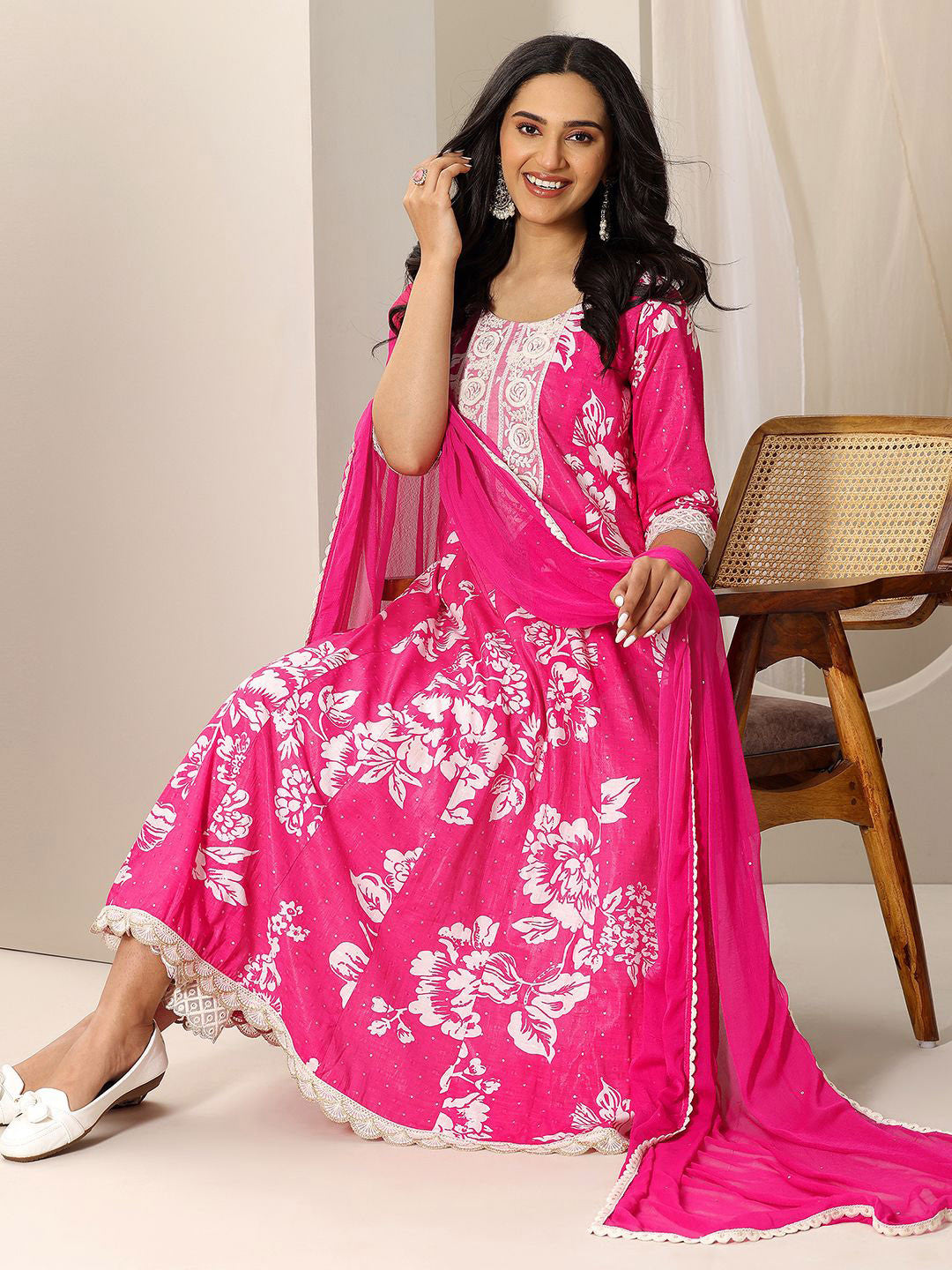 Womens Pink Printed Anarkali Kurta With Trousers & Dupatta