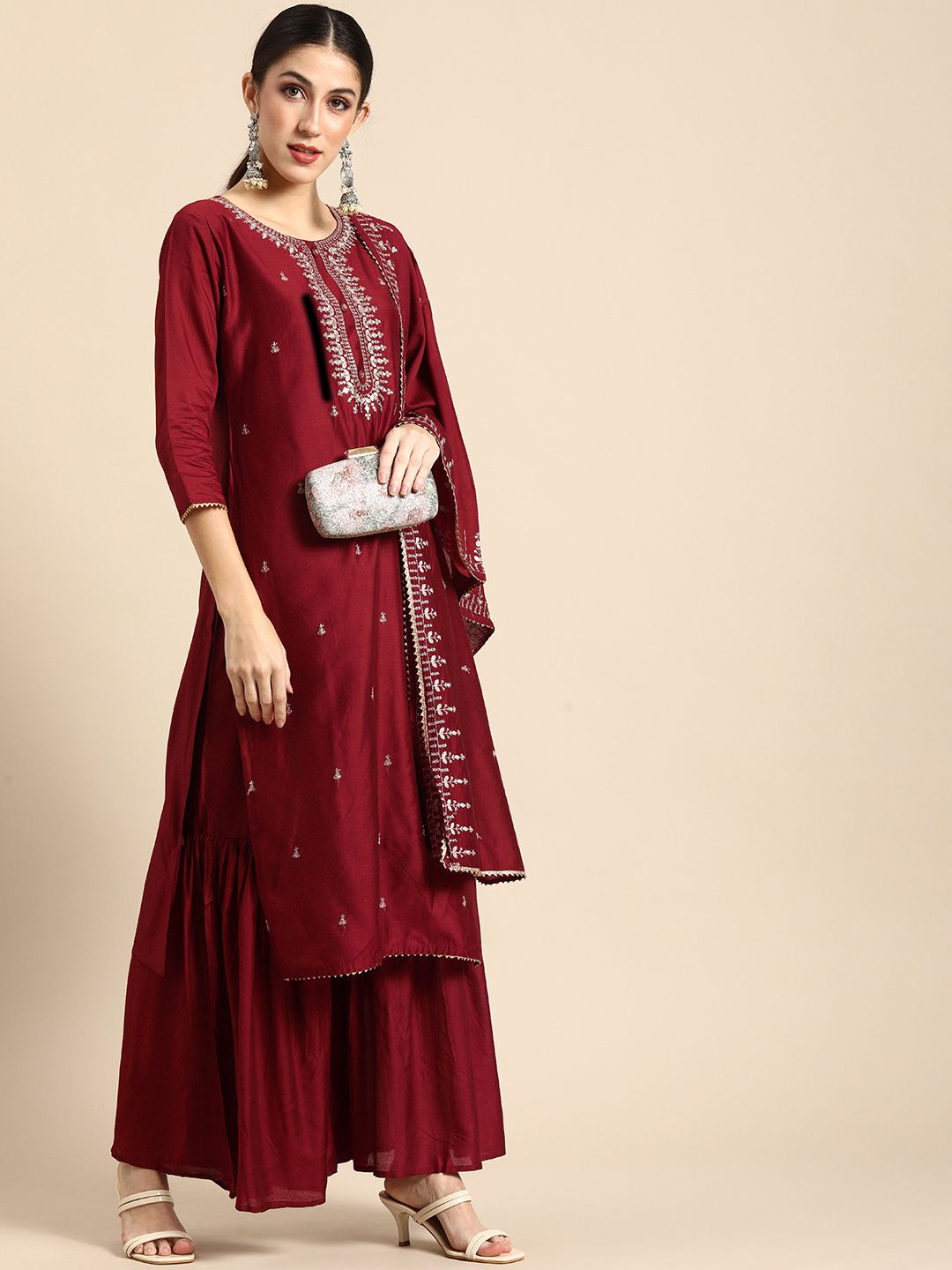 Dhiyona AN Women Maroon Embroidered Kurta with Sharara & With Dupatta