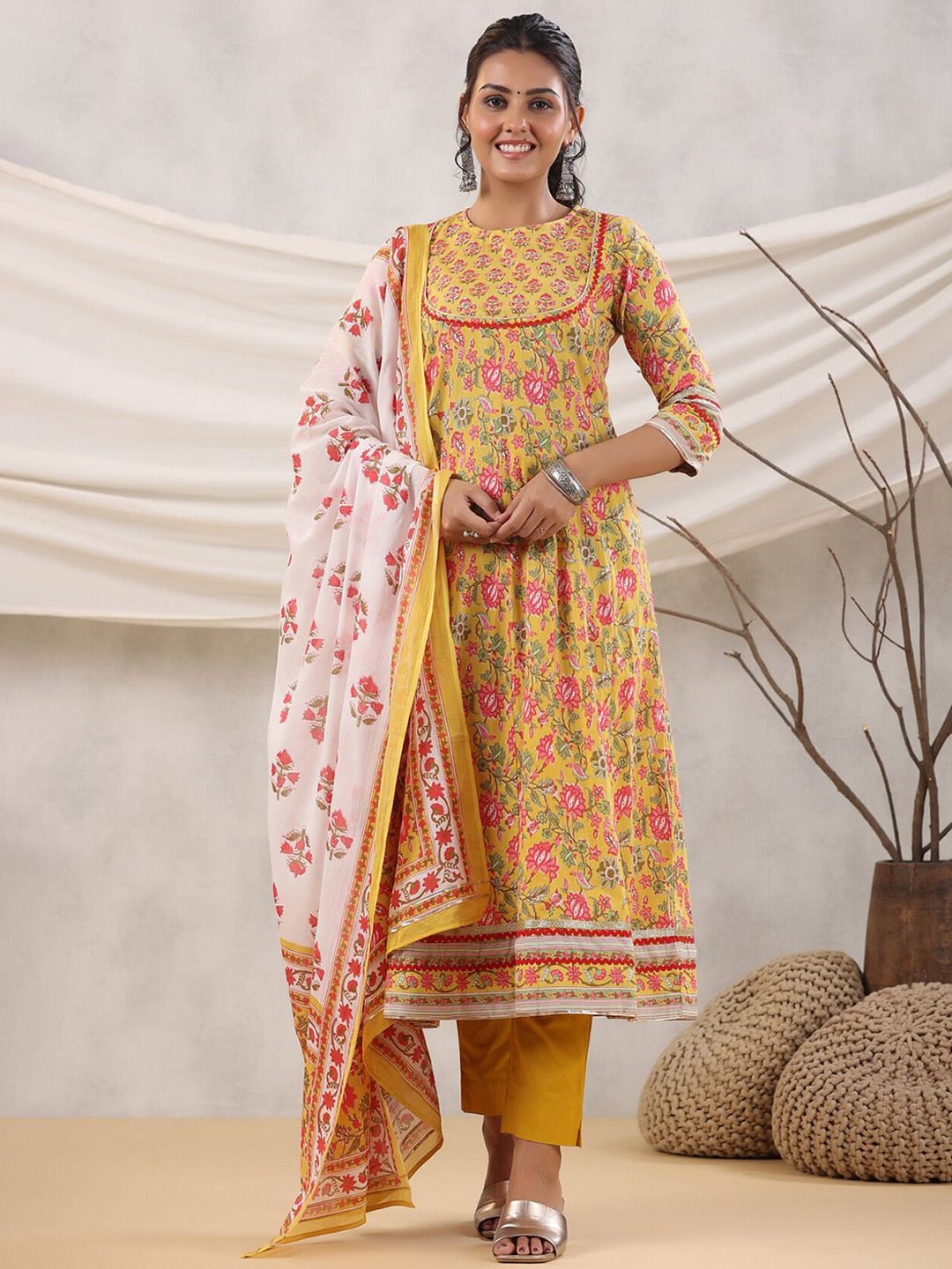 Dhiyona RR Women's Floral Printed Sequined Anarkali Pure Cotton Kurta with Trousers & Dupatta