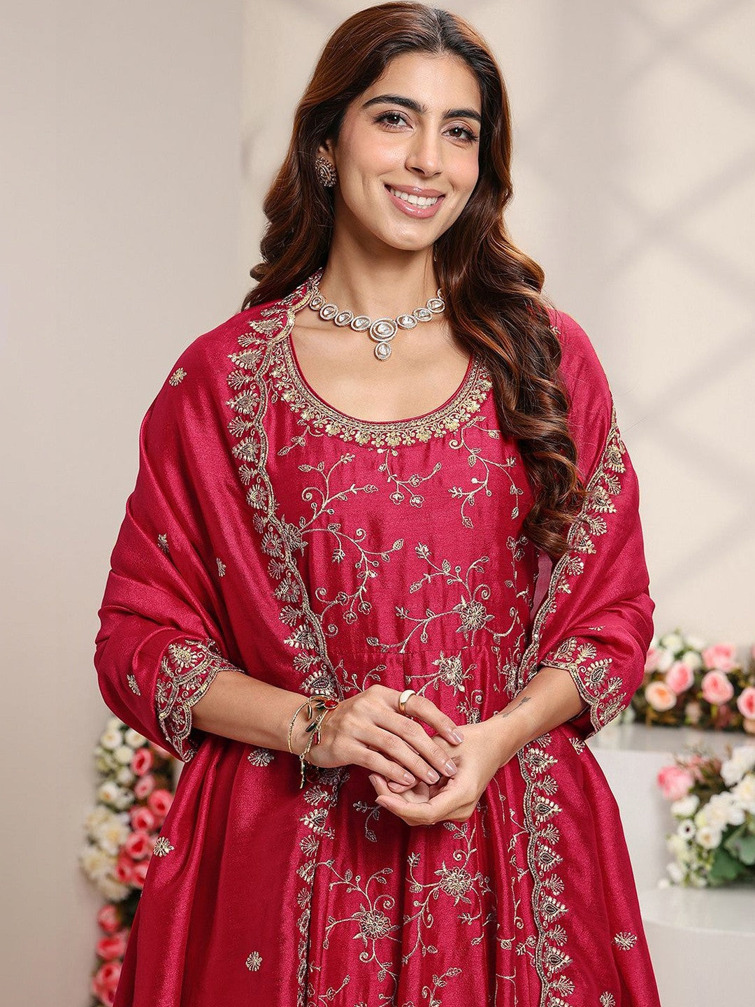 Red Floral Embroidered Anarkali Suit Set with Dupatta