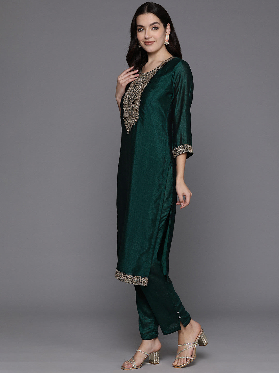 Embroidered Regular Sequinned Kurta with Trousers & Dupatta