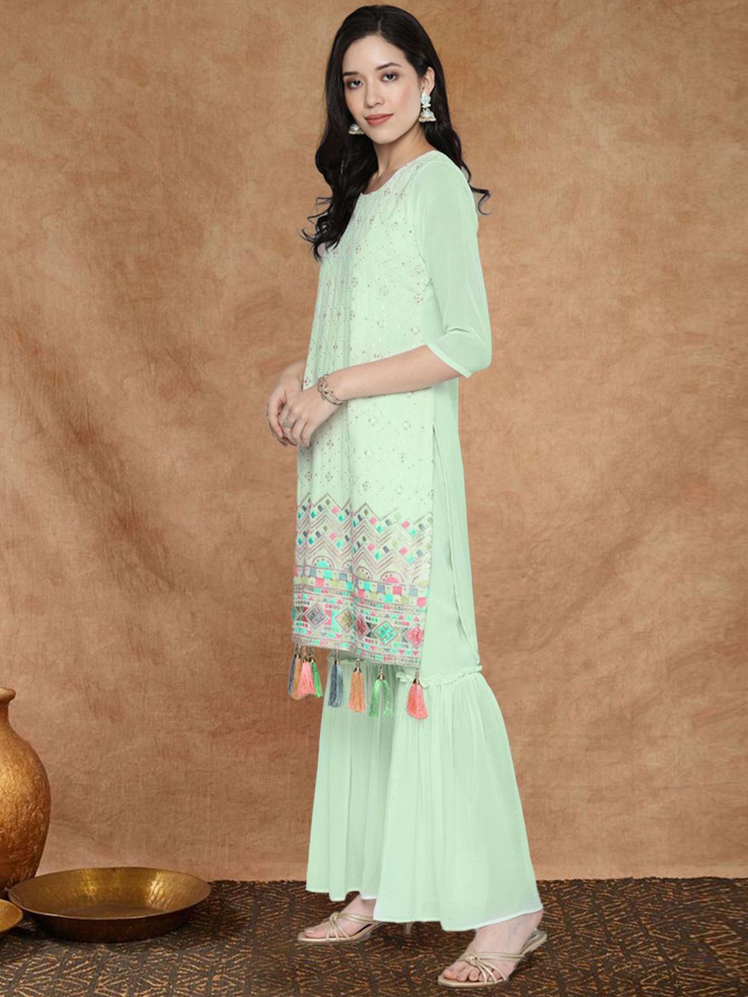 Dhiyona SN Women Sequin Embroidered Tassel-Detail Straight Kurta & Sharara With Dupatta
