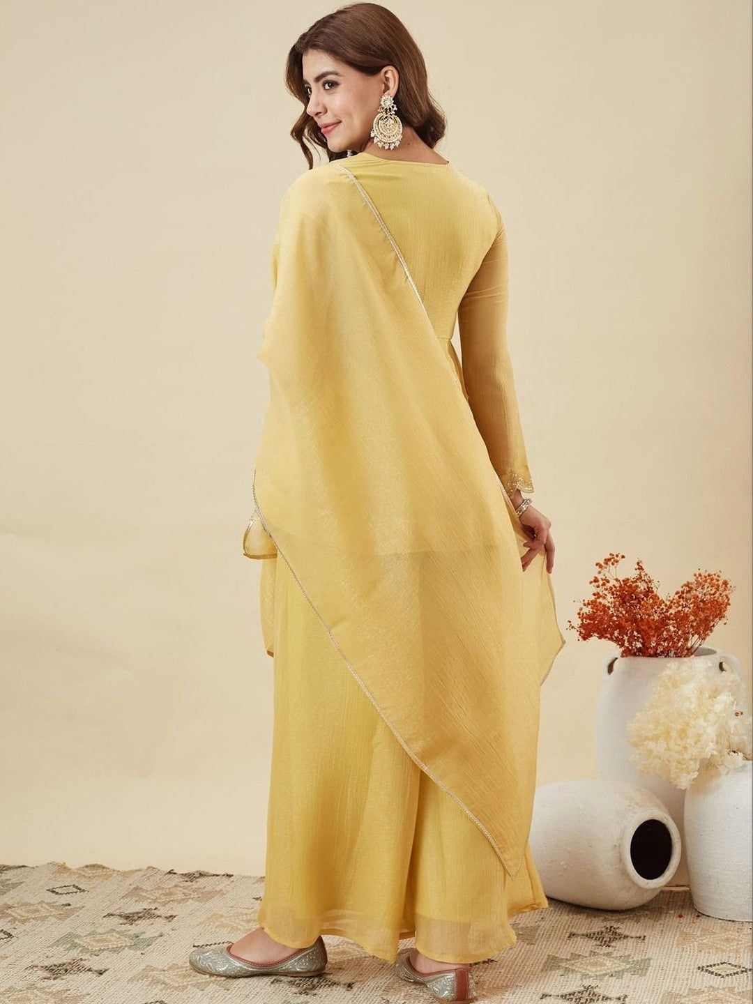 Embroidered Art Silk Round Neck Kurta & Palazzos With Dupatta