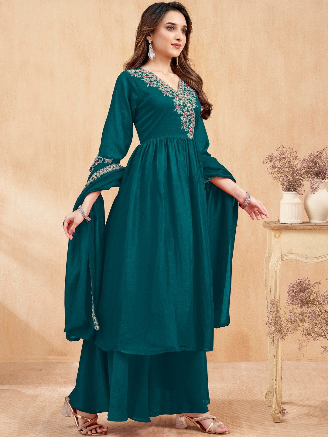 Embroidered V-Neck Kurta & Palazzos With Dupatta