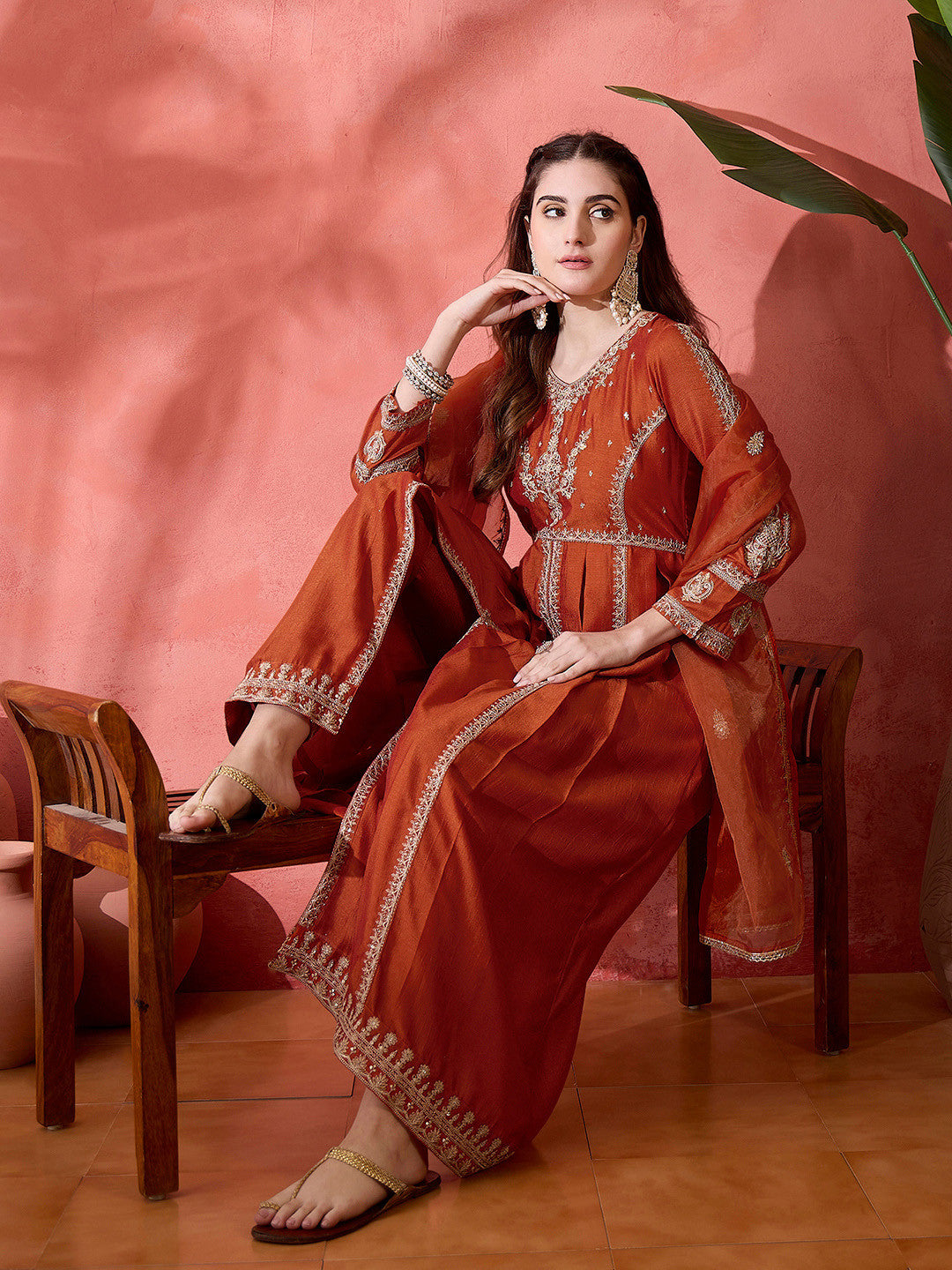 Orange Floral Embroidered Panelled Zari A-Line Kurta With Trousers And Dupatta