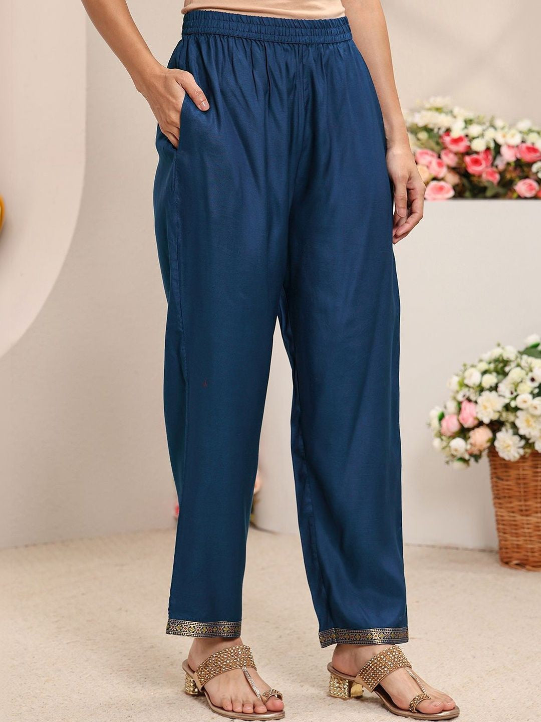 Blue Woven Design Straight Suit Set with Dupatta