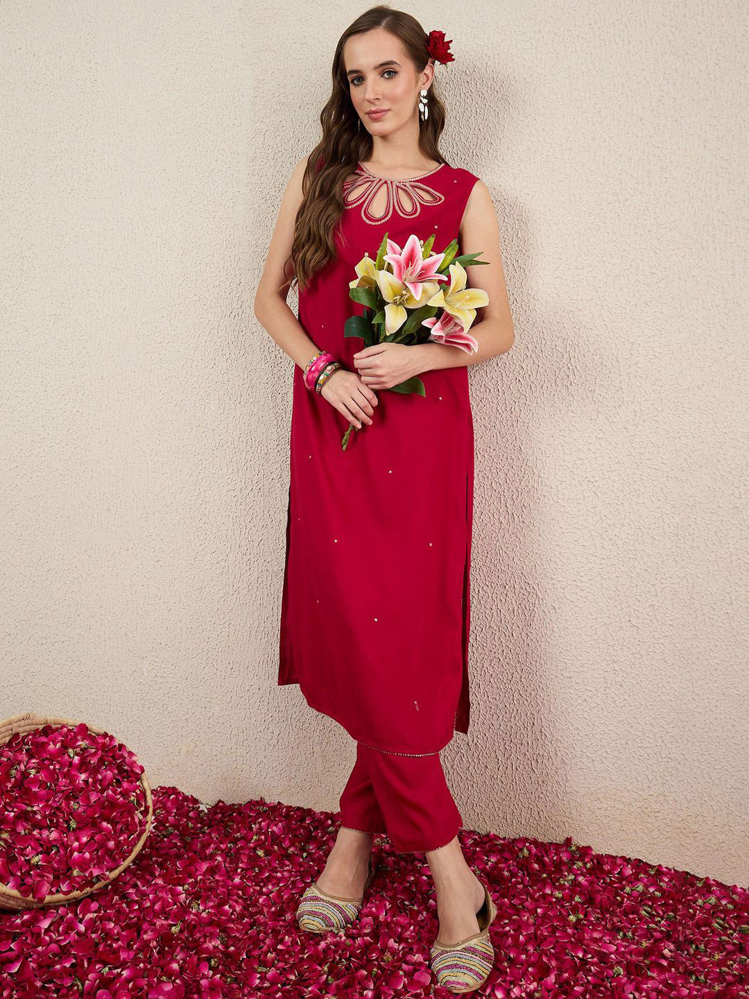 Women Solid Embroidered Kurta with Trousers