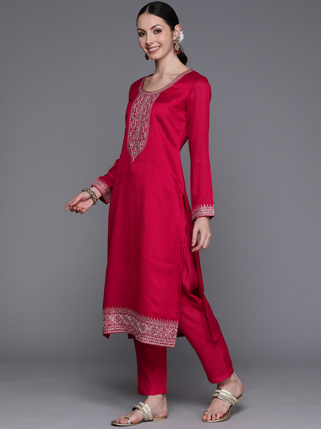 Ethnic Motifs Embroidered Sequinned Kurta with Trousers & Dupatta