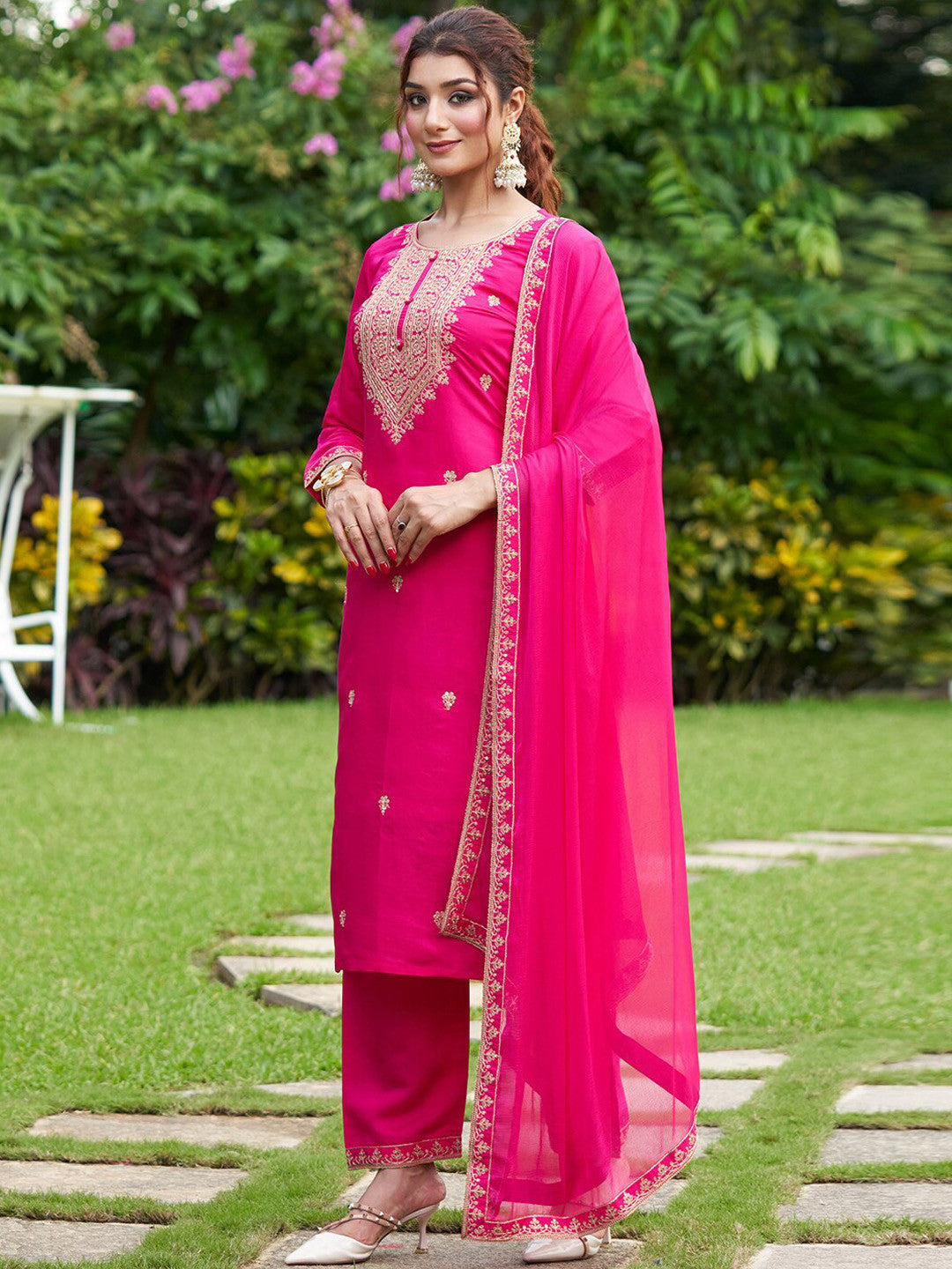 Floral Embroidered Thread Work Kurta with Trousers & Dupatta