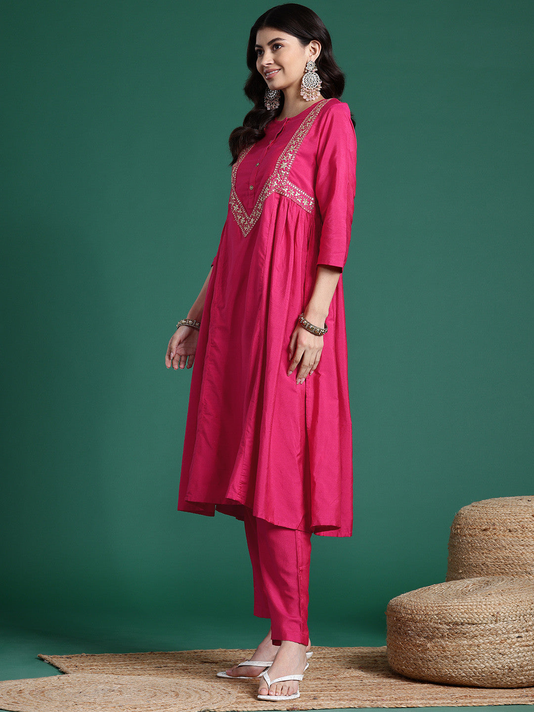 Panelled Sequined Kurta with Trousers & Dupatta
