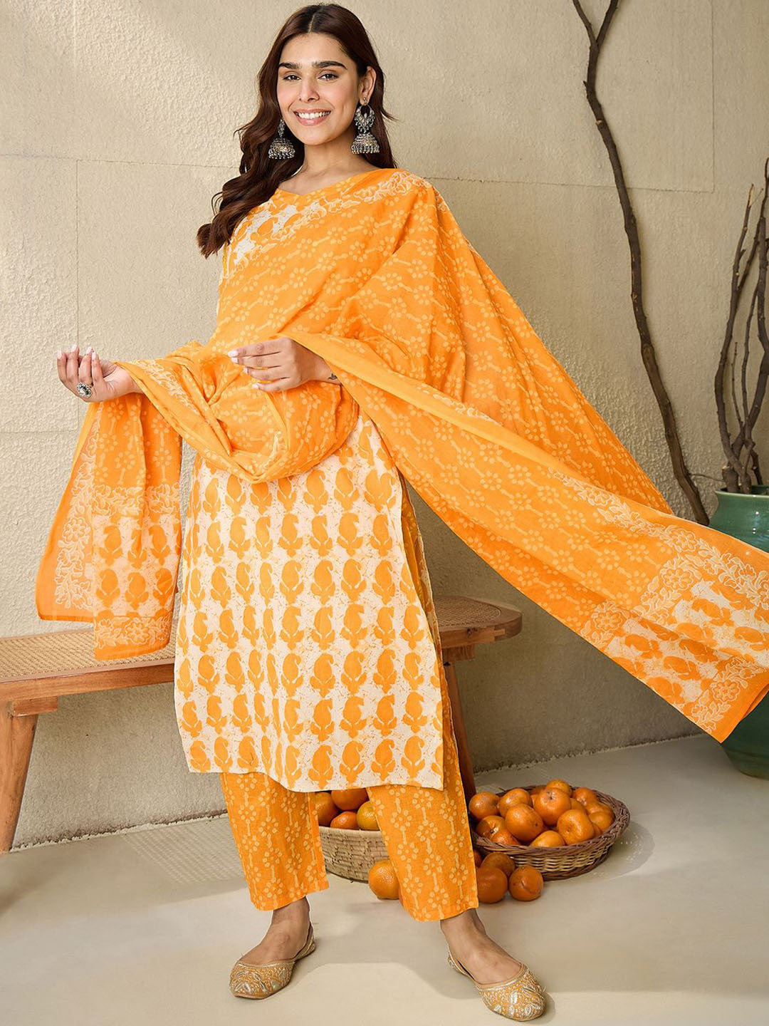 Paisley Printed V-Neck Pure Cotton Straight Kurta With Trousers And Dupatta