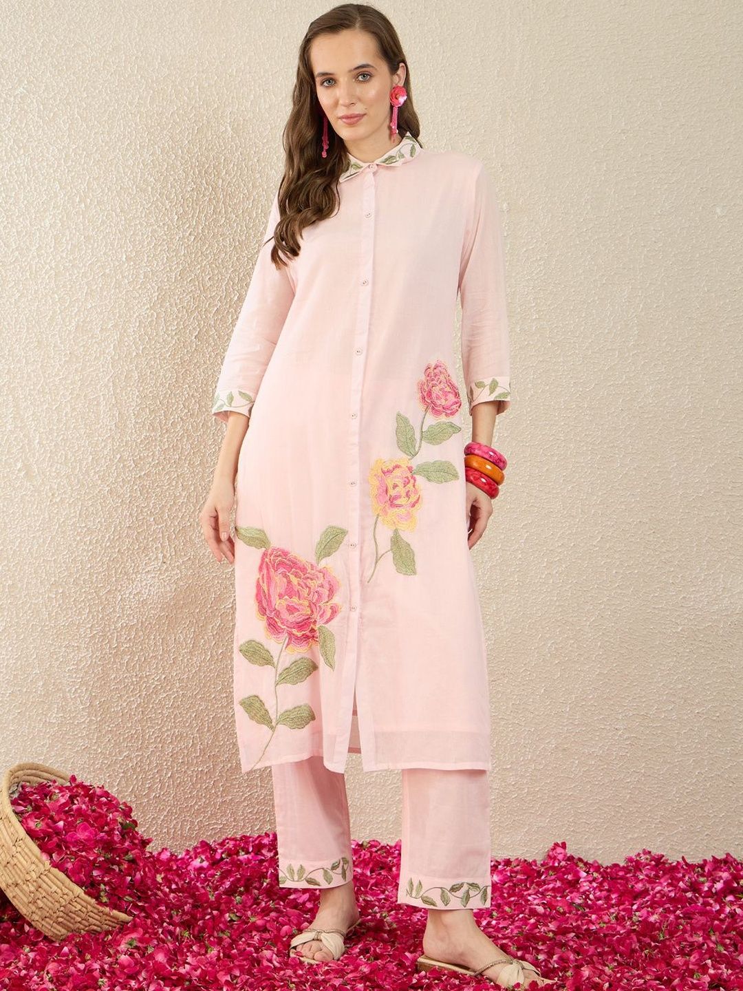 Dhiyona IE Printed Shirt Collar Three-Quarter Sleeves Pure Cotton Top With Trousers