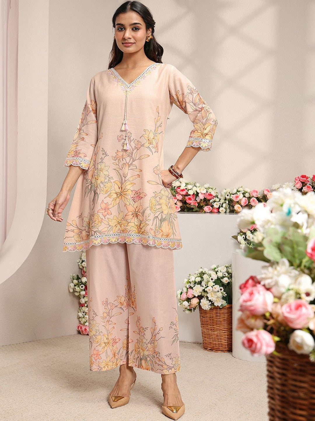 Peach Floral Printed Linen A-Line Kurta Set
