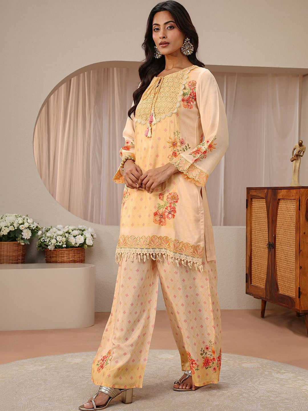 Peach Floral Printed Straight Kurta Set