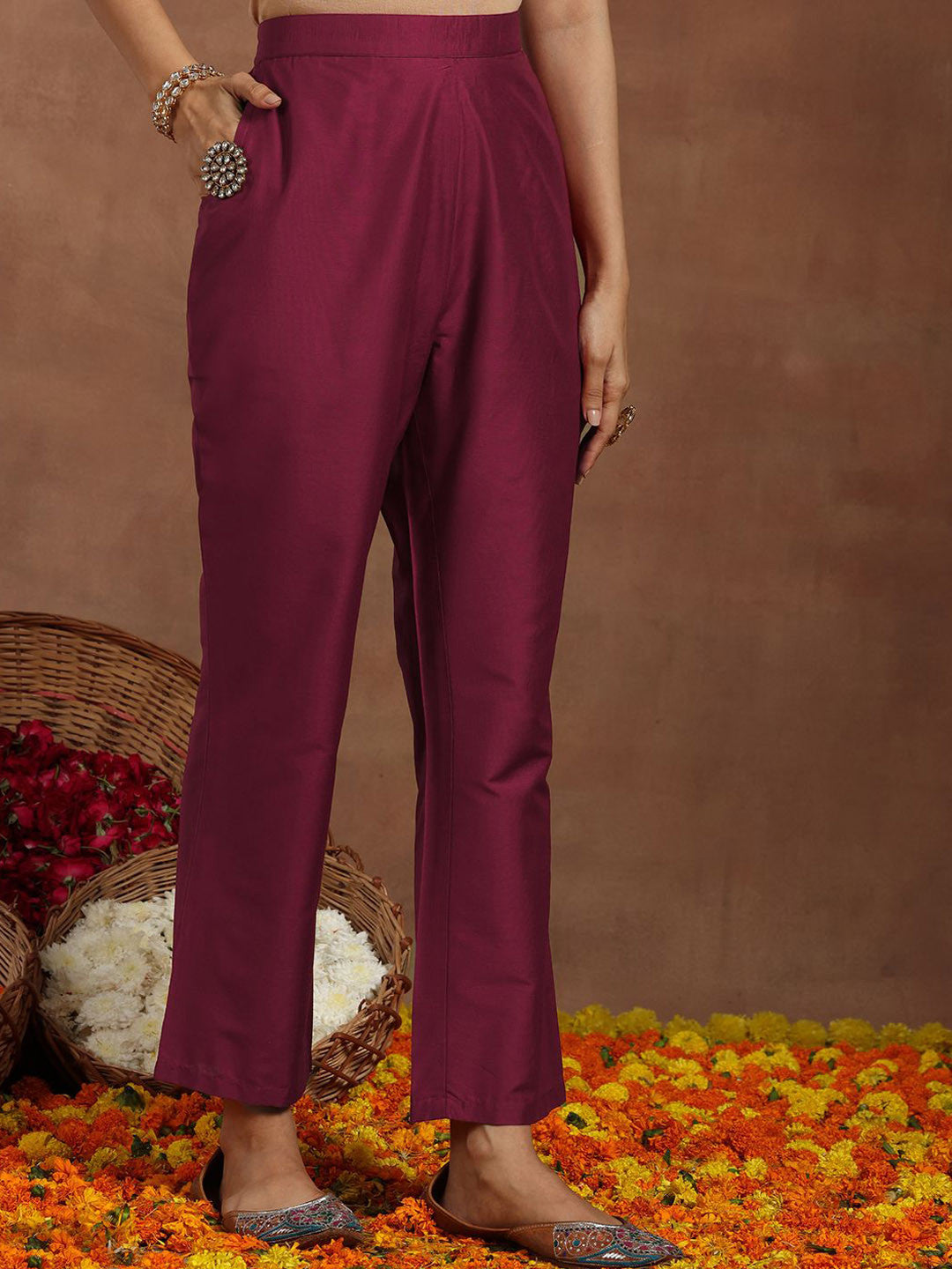 Women Floral Yoke Design Pleated Kurta with Trousers
