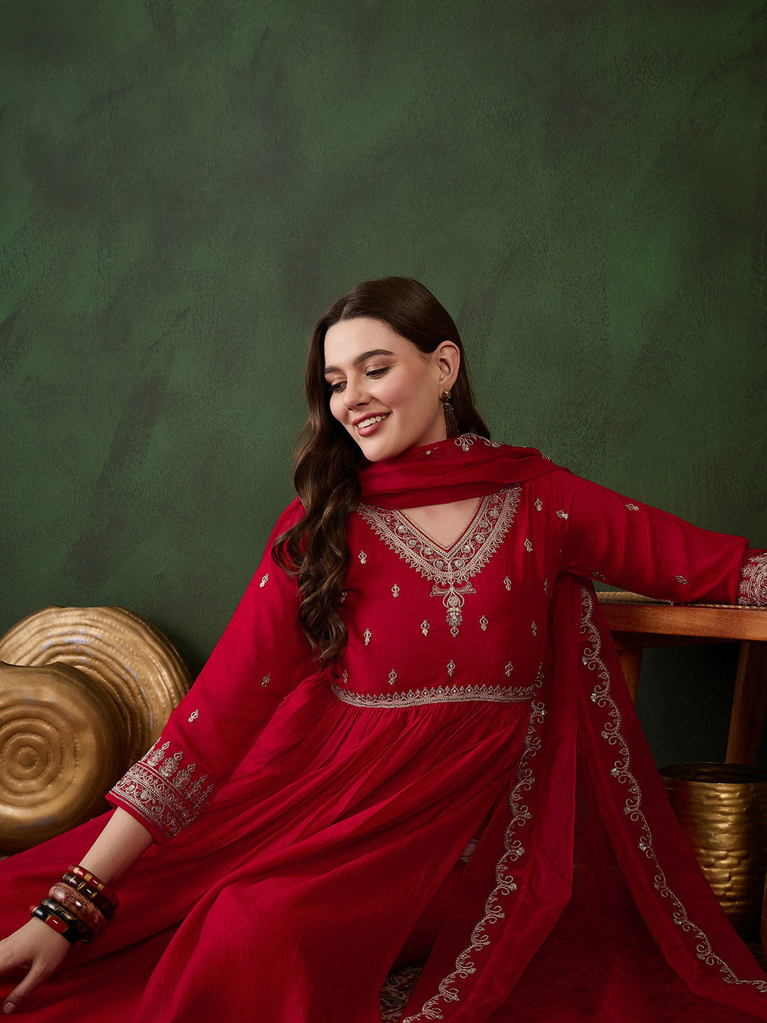 Floral Embroidered Pure Cotton Straight Kurta With Trouser & Dupatta