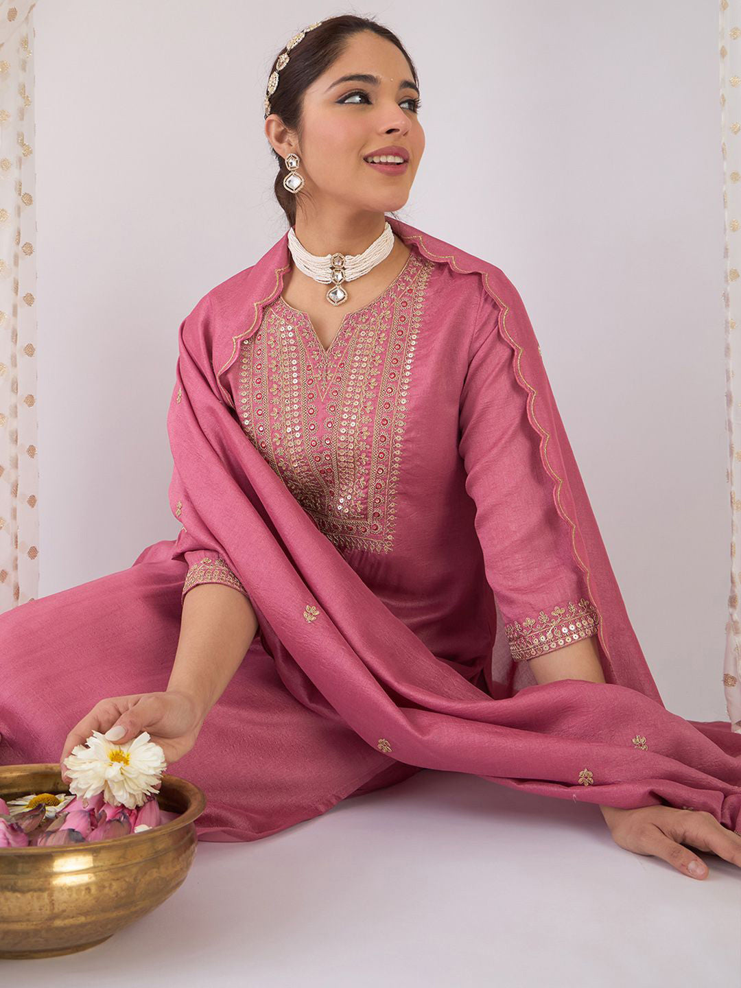 Floral Yoke Design Notch Neck Zari Straight Kurta With Trouser And Dupatta