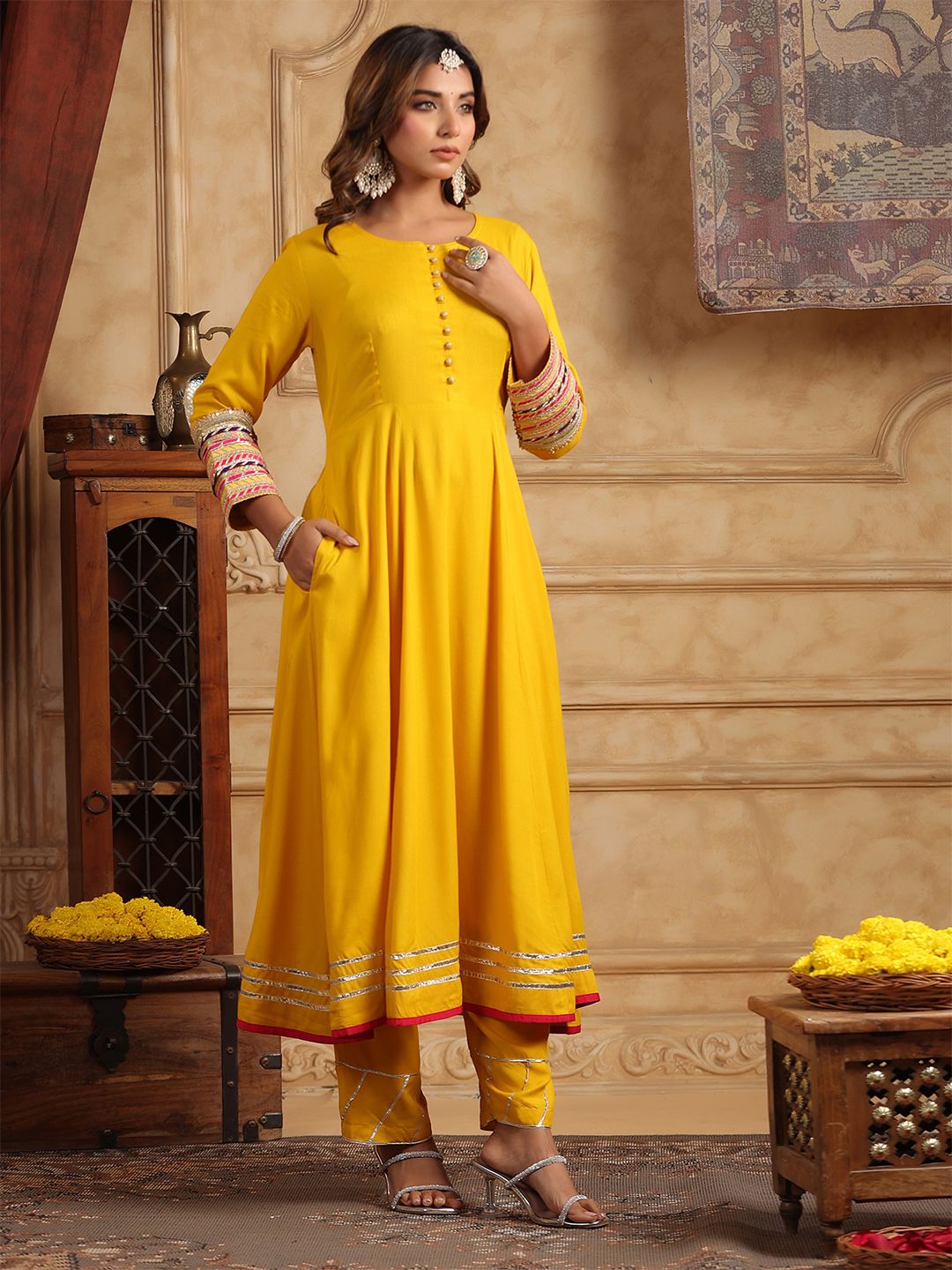 Dhiyona RR Women's Regular Gotta Patti Anarkali Kurta With Trousers & Dupatta