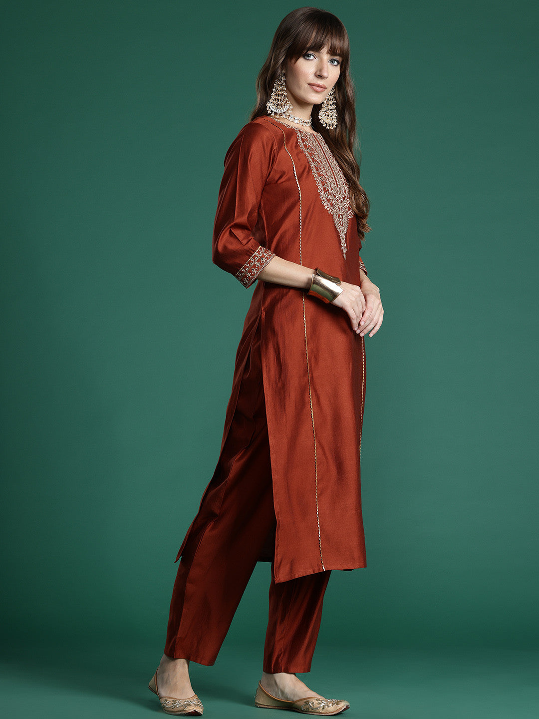 Ethnic Motifs Embroidered Liva Kurta with Trousers & With Dupatta