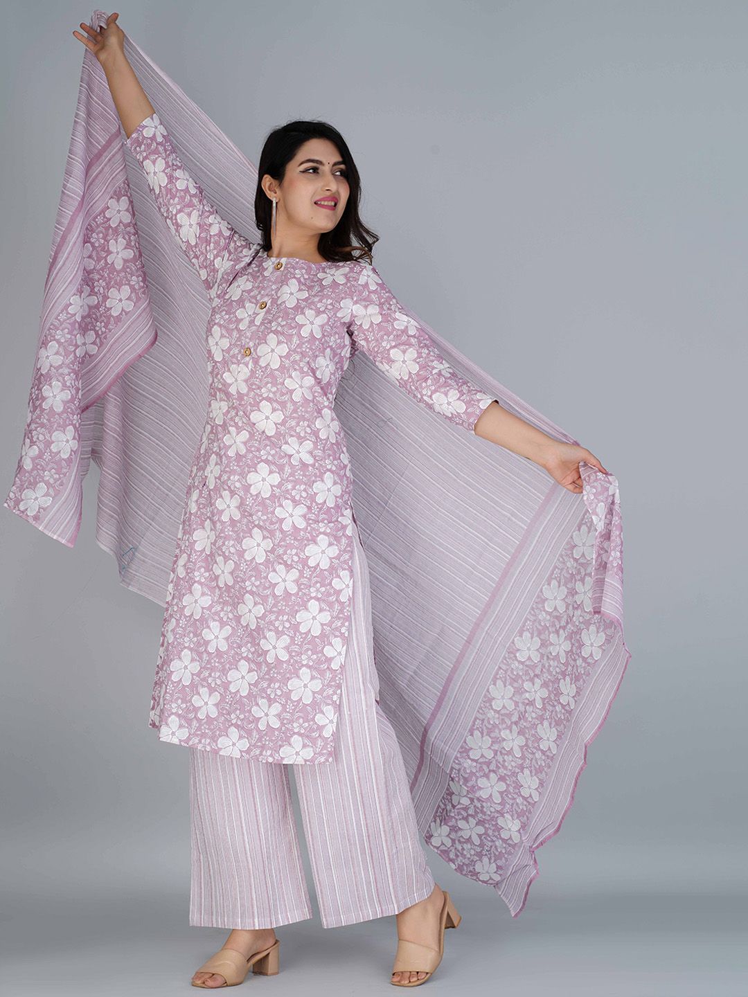 Dhiyona KL Floral Printed Regular Pure Cotton Kurta With Palazzos & With Dupatta