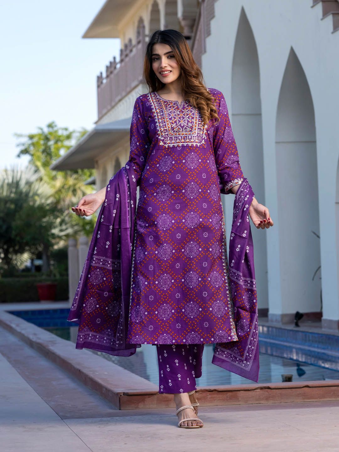 Dhiyona KL Ethnic Motifs Printed Embroidered Pure Cotton Kurta With Trousers & Dupatta