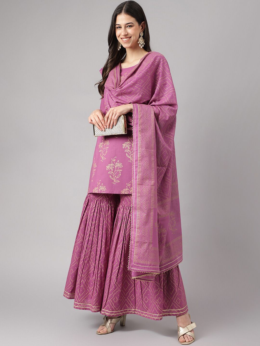 Dhiyona KL Floral Printed Gotta Patti Pure Cotton Straight Kurta & Sharara With Dupatta