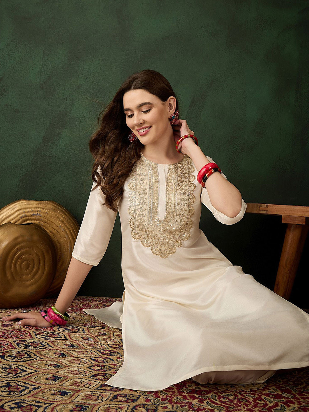 Women Embroidered Straight Kurta With Trousers