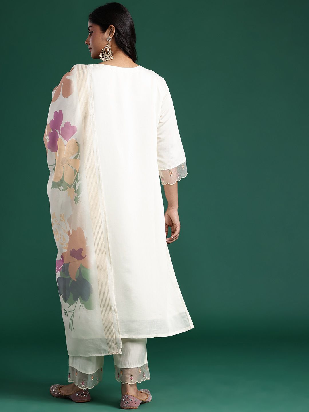 Dhiyona Women's Floral Embroidered Mirror Work Kurta with Palazzos & Dupatta