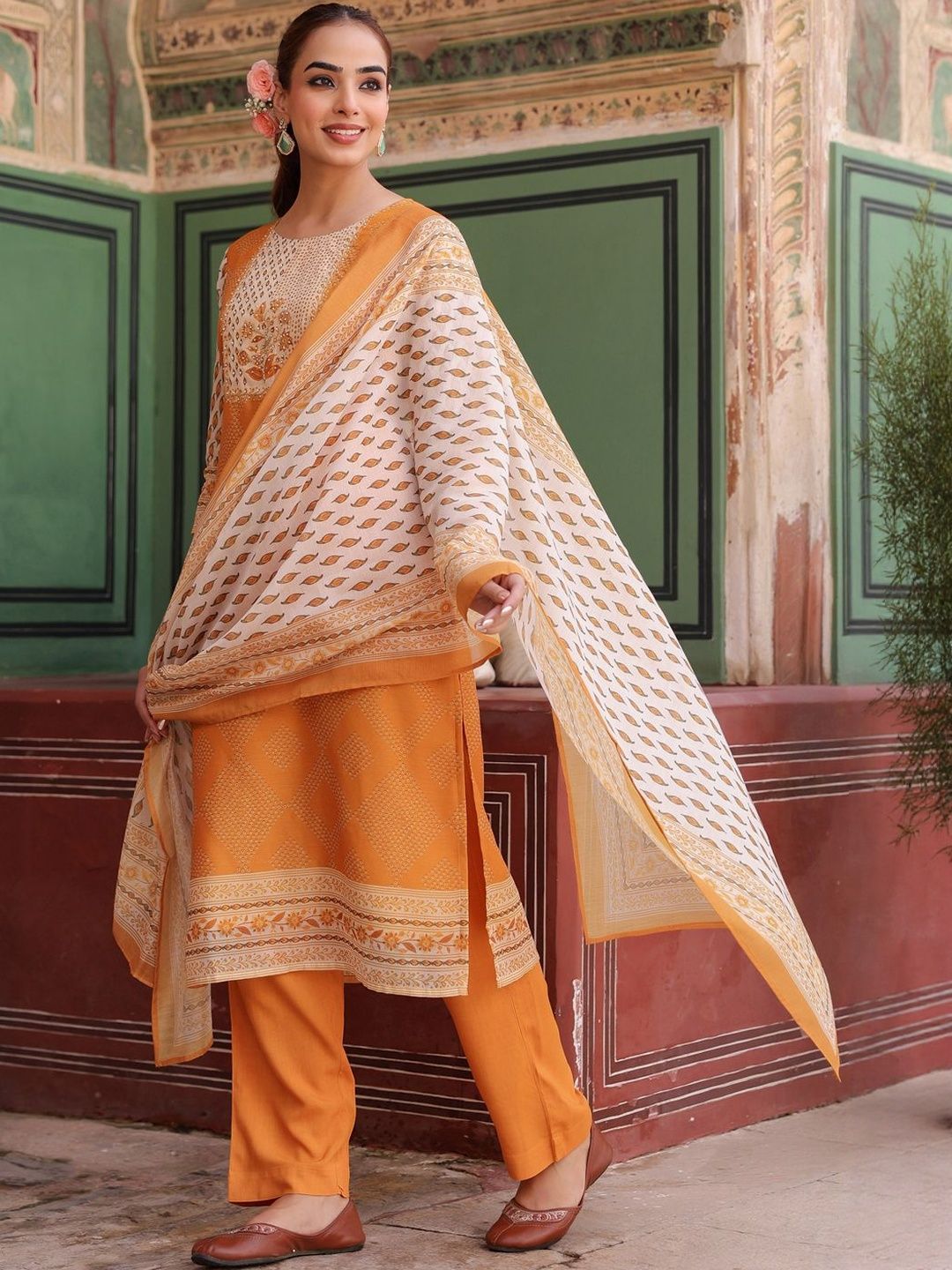 Dhiyona RR Women's Printed Chanderi Cotton Kurta with Trousers & Dupatta