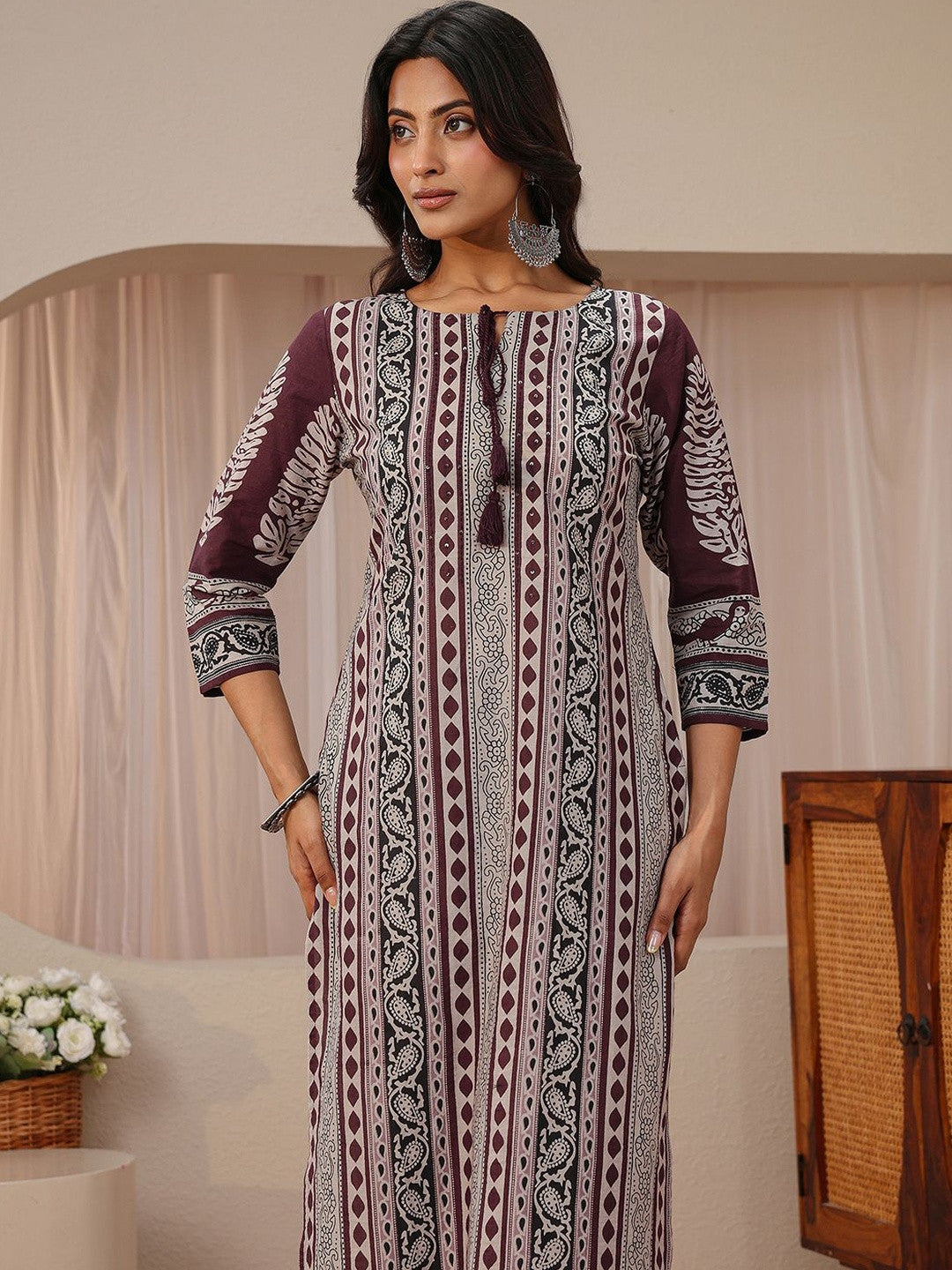 Maroon Ethnic Printed Cotton Straight Suit Set