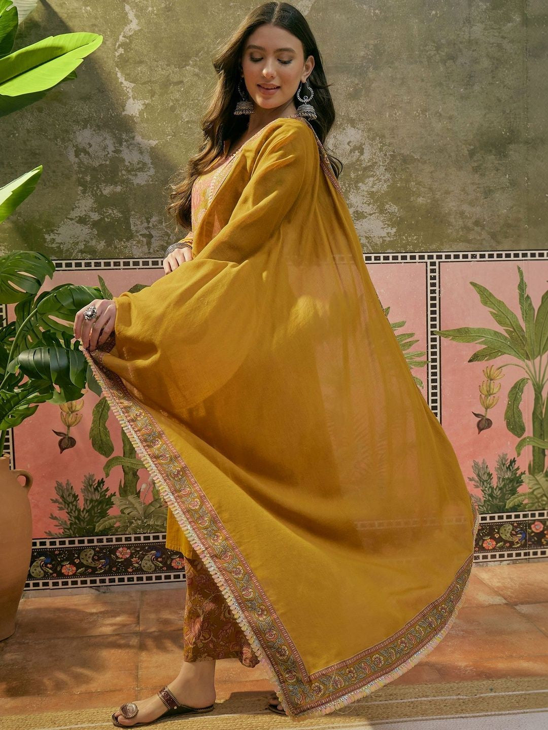 Pure Cotton Round Neck Kurta & Palazzos With Dupatta