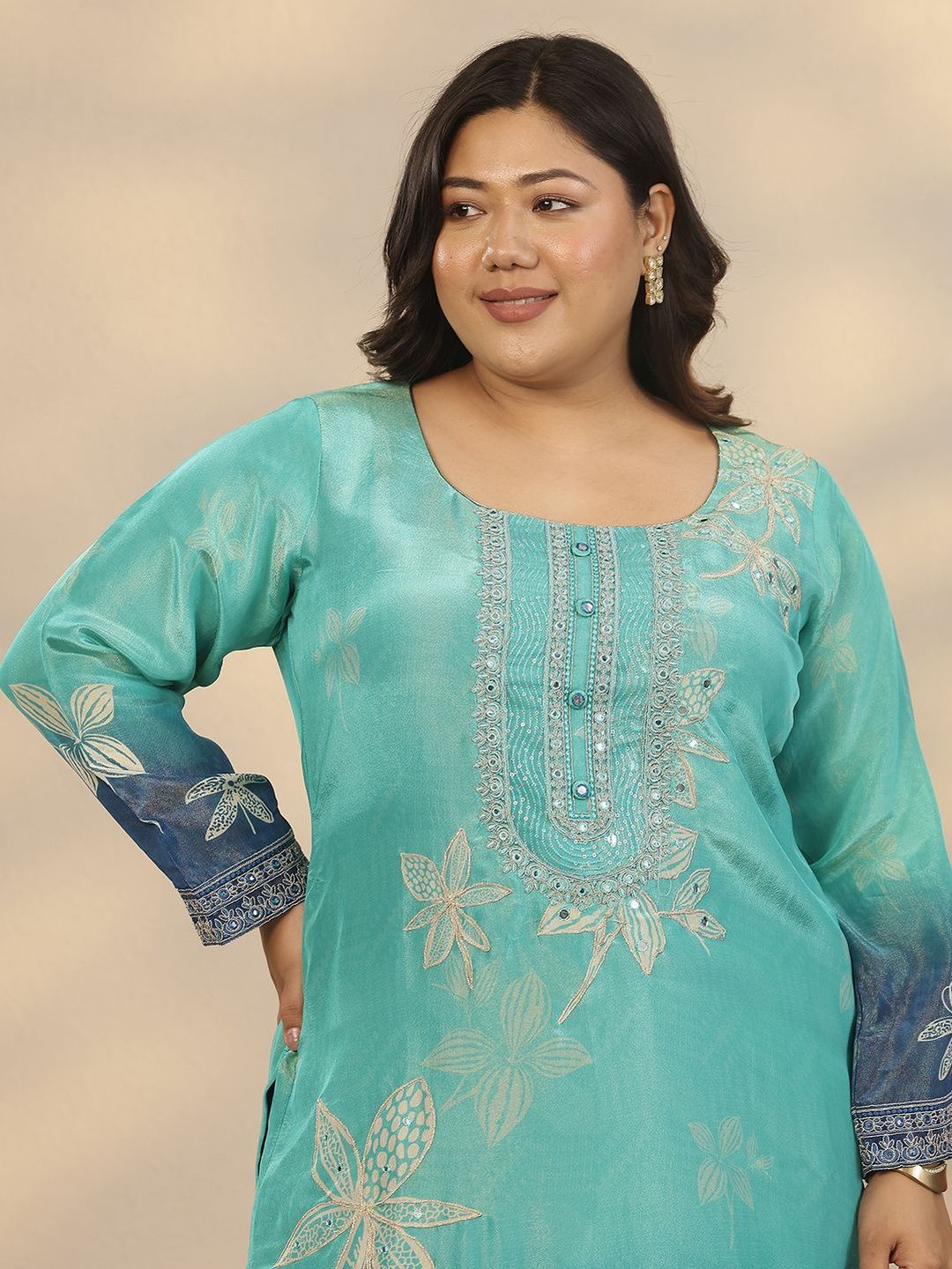 Dhiyona Women's Plus Size Floral Printed Straight Kurta With Palazzos & Dupatta