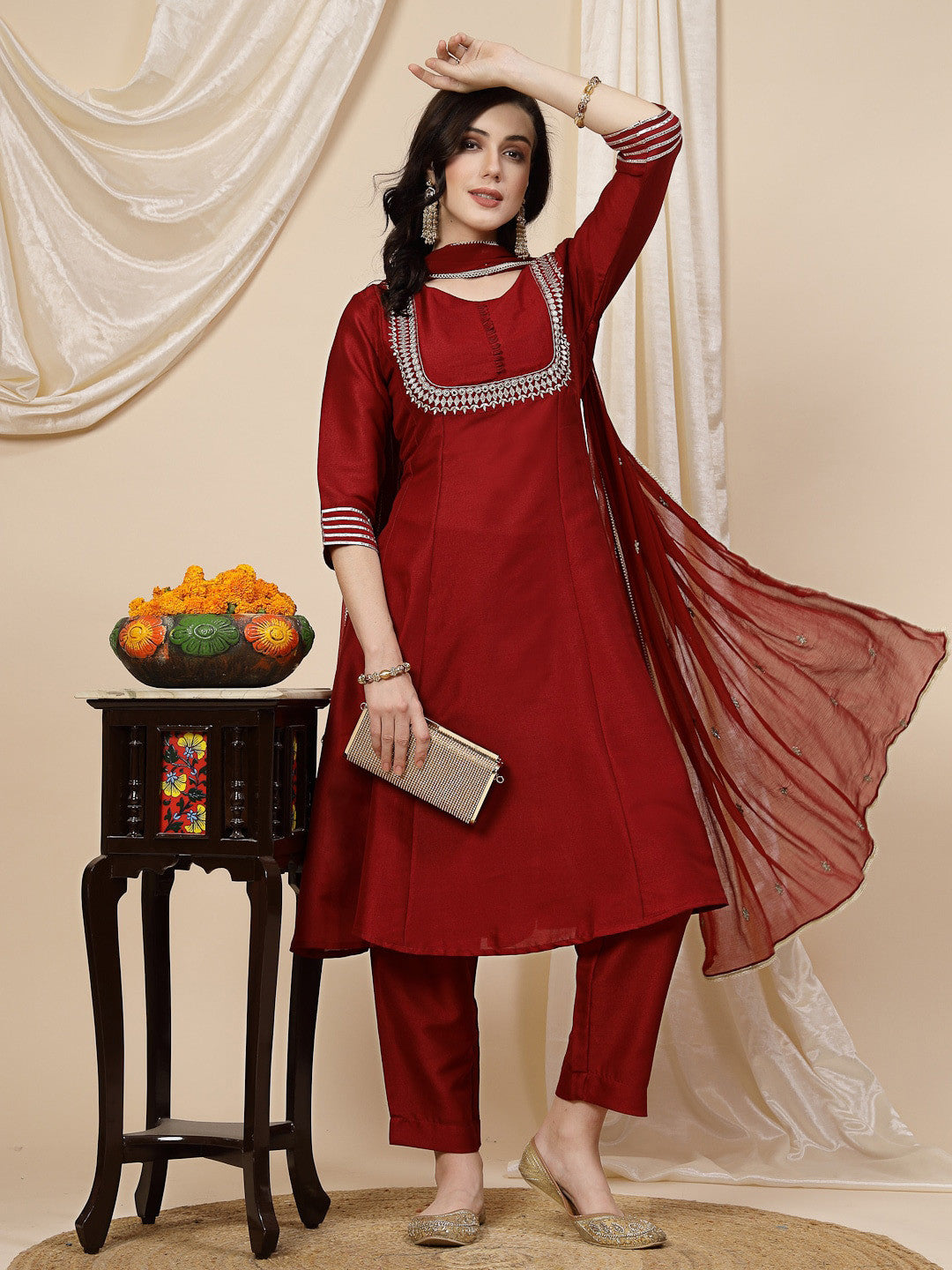 Maroon Mirror Work Embroidered Anarkali Kurta With Trouser & Dupatta