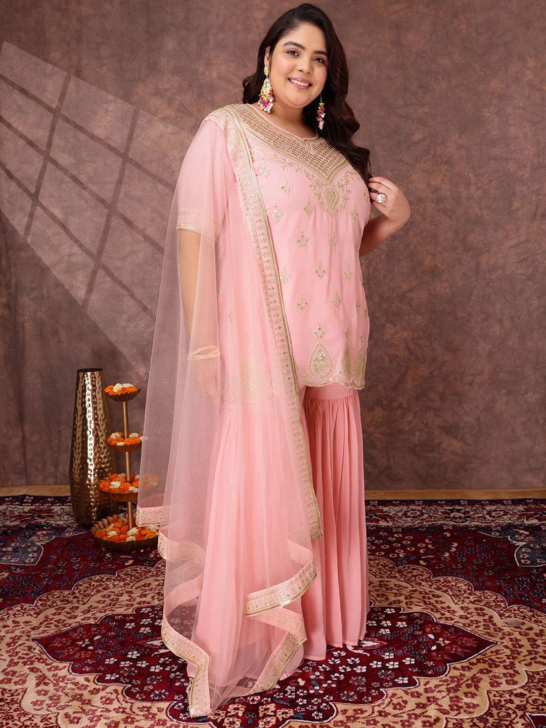 Dhiyona IN Women Ethnic Motifs Embroidered Regular Kurta & Sharara With Dupatta