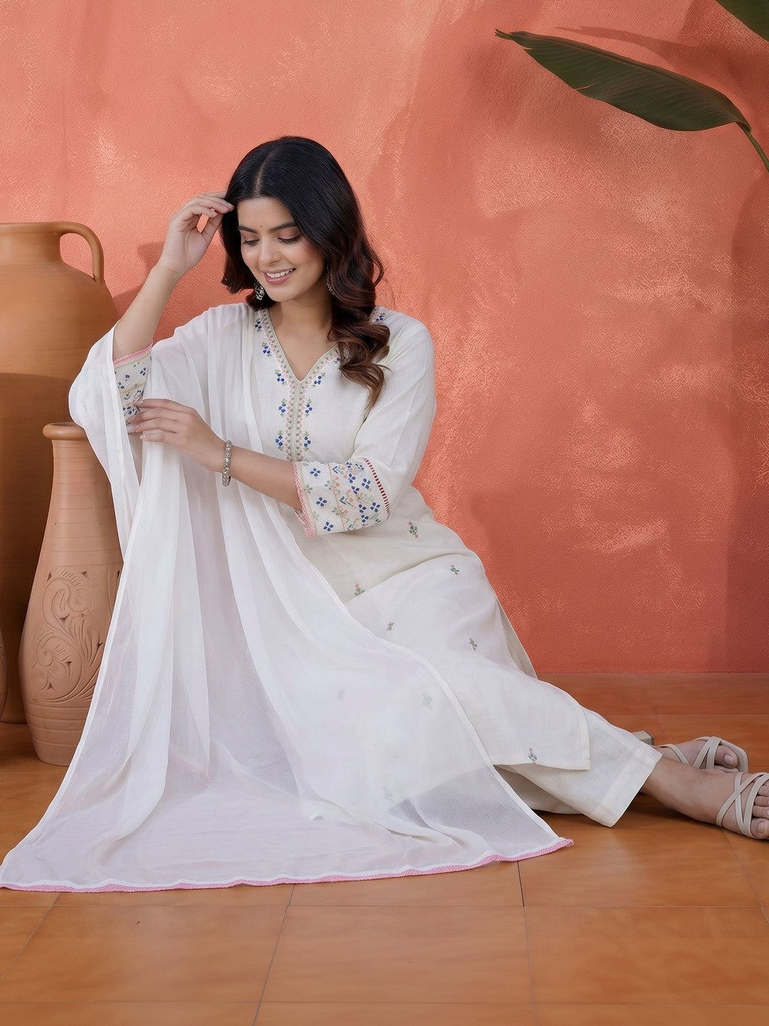 Embroidered V Neck Kurta Sets