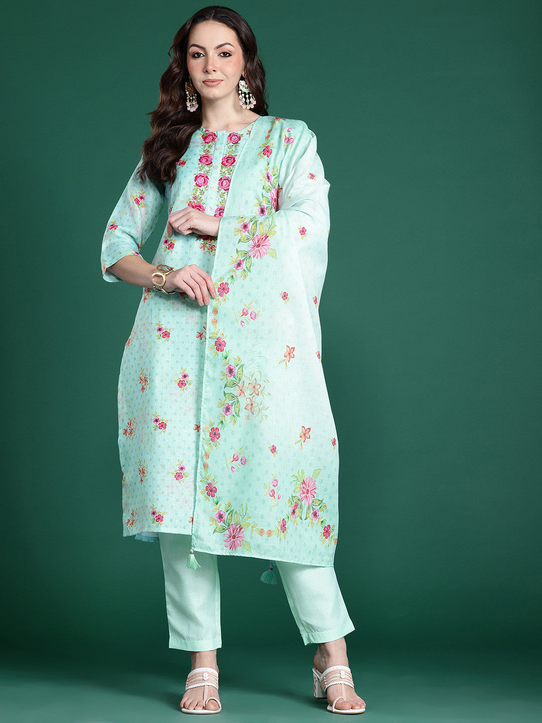 Floral Embroidered Thread Work Linen Kurta with Trousers & With Dupatta