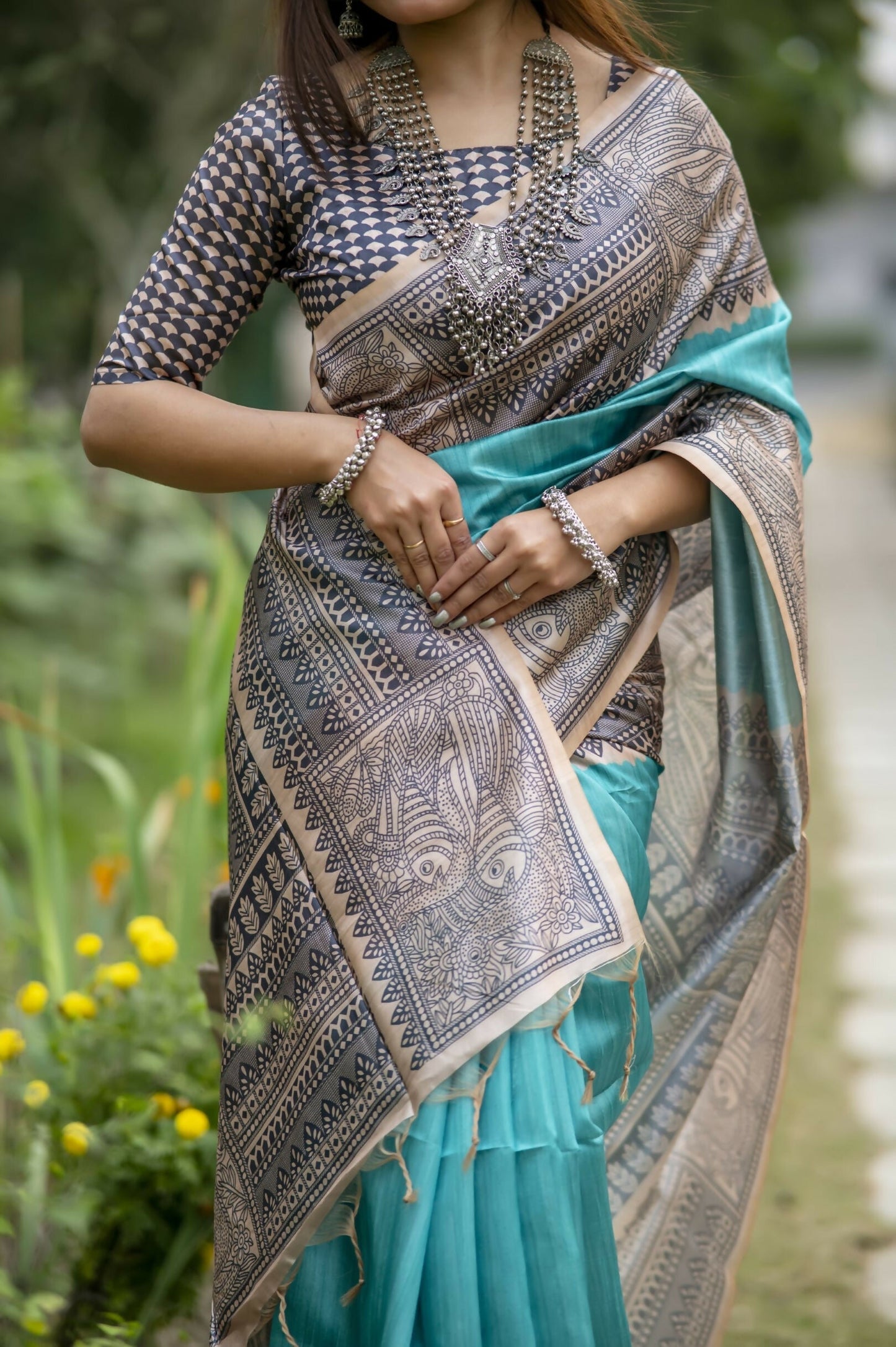 Women Yogita Madhubani 3 Rama Saree With Unstiched Blouse
