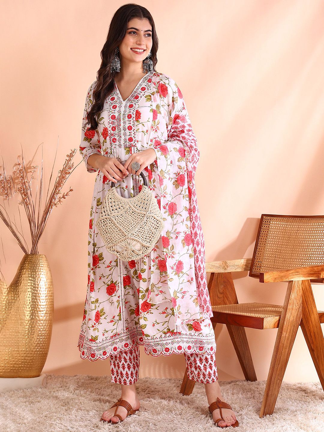 Dhiyona OD Thread Work Pure Cotton Anarkali Kurta with Trousers & Dupatta