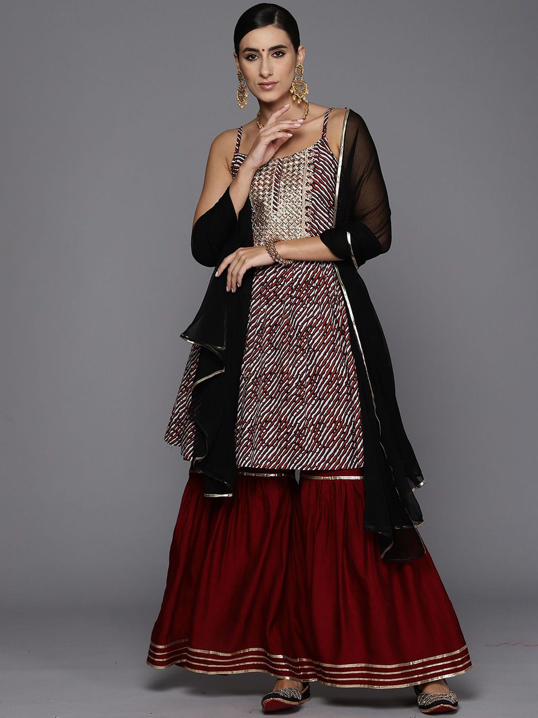 Dhiyona AN Abstract Printed Shoulder Straps Satin Kurta With Sharara & Dupatta