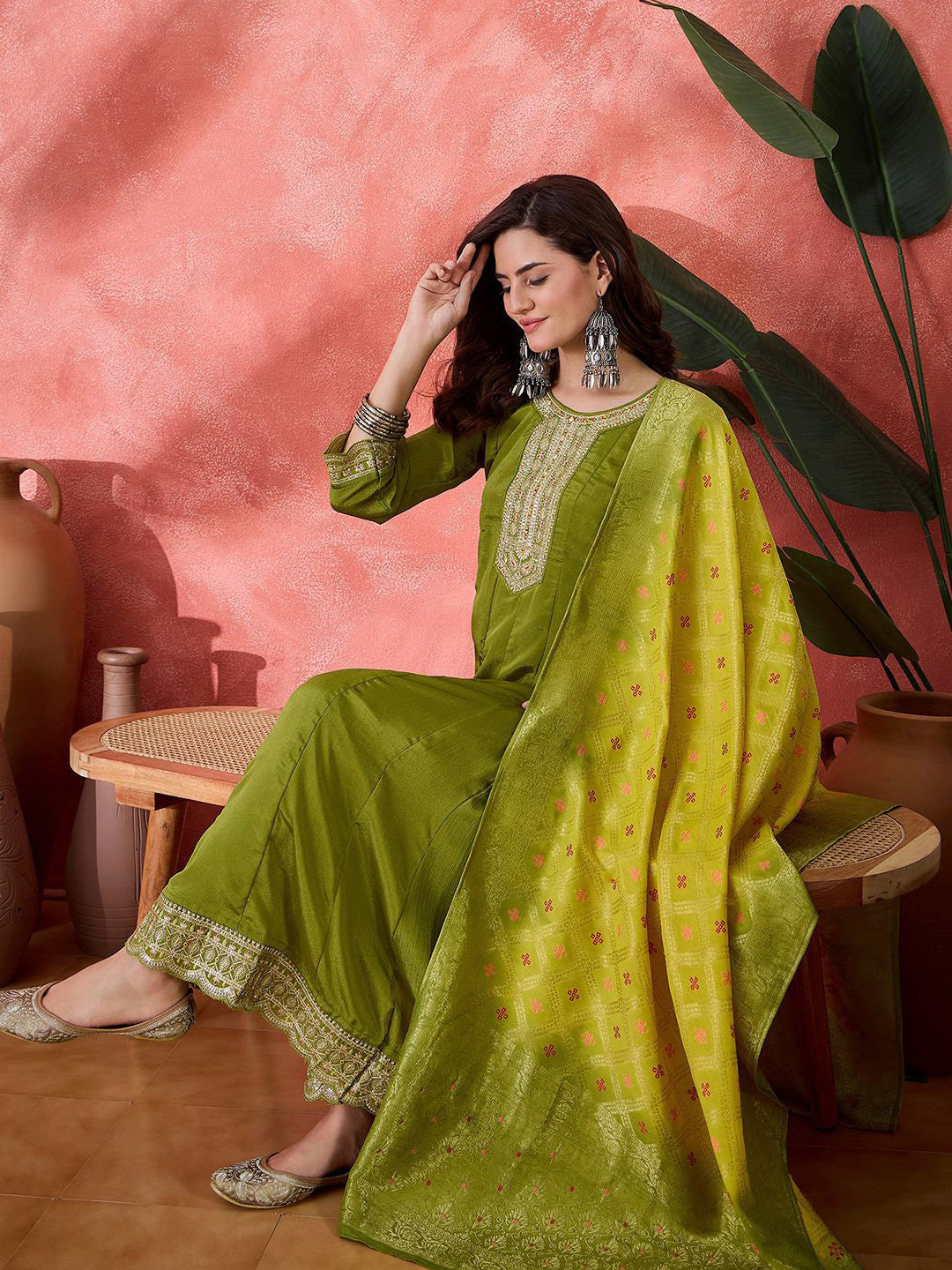 Floral Embroidered Round Neck Sequinned A-Line Kurta With Trousers & Dupatta