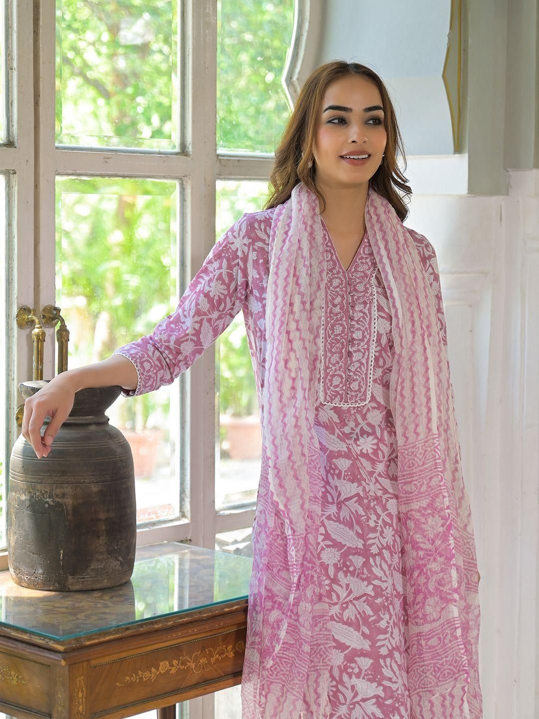 Dhiyona KL Women Pink Pure Cotton Kurta With Trousers & Dupatta