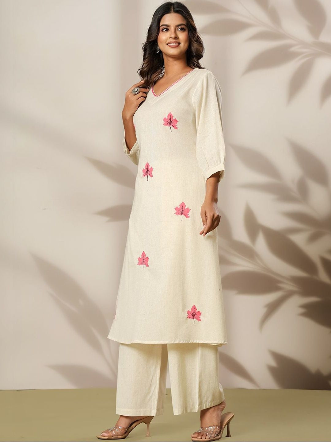 Embroidered V-Neck Kurta & Trousers
