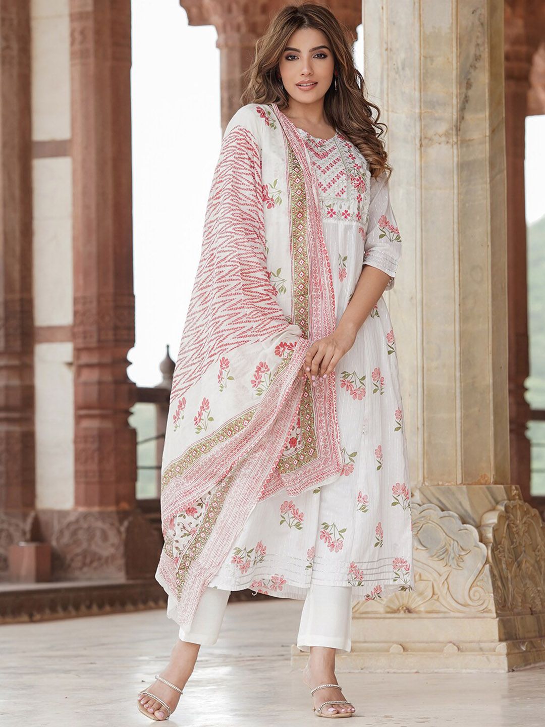Dhiyona KL Floral Printed Thread Work Pure Cotton Kurta with Trousers & Dupatta