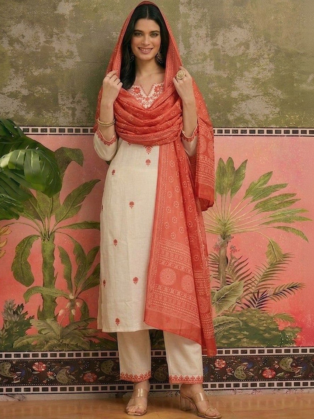 Embroidered Pure Cotton Round Neck Kurta & Trousers With Dupatta