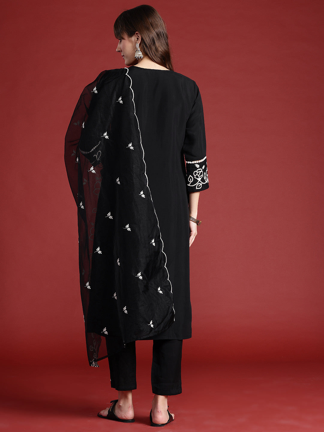 Floral Embroidered Thread Work Kurta With Trousers & Dupatta