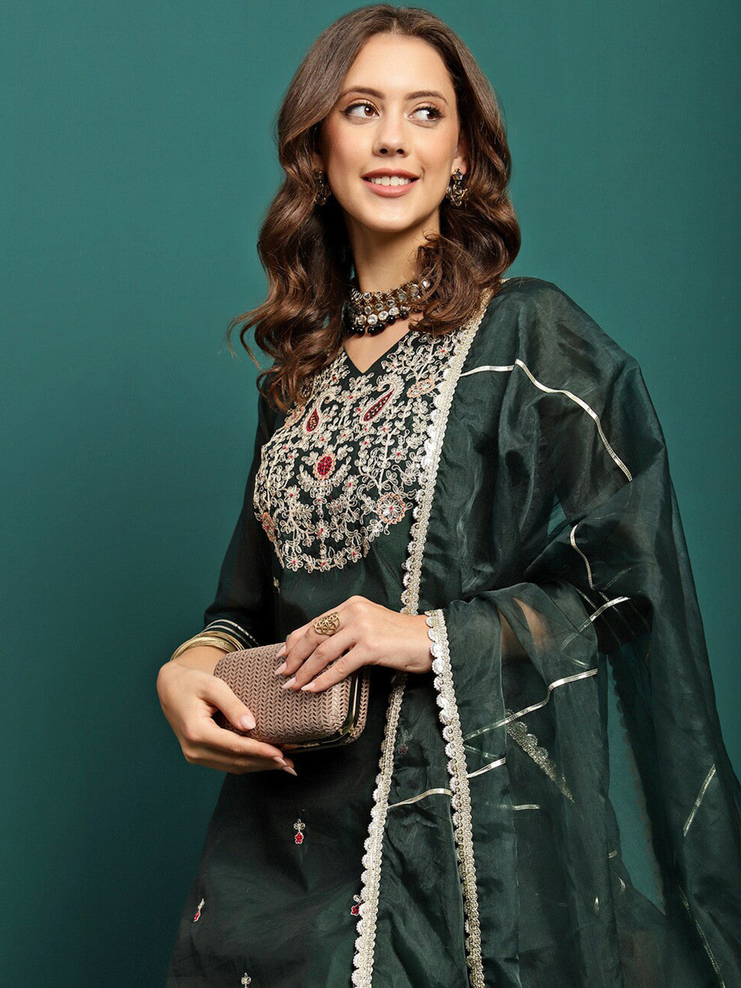 Embroidered Straight Kurta With Trouser & Dupatta Set